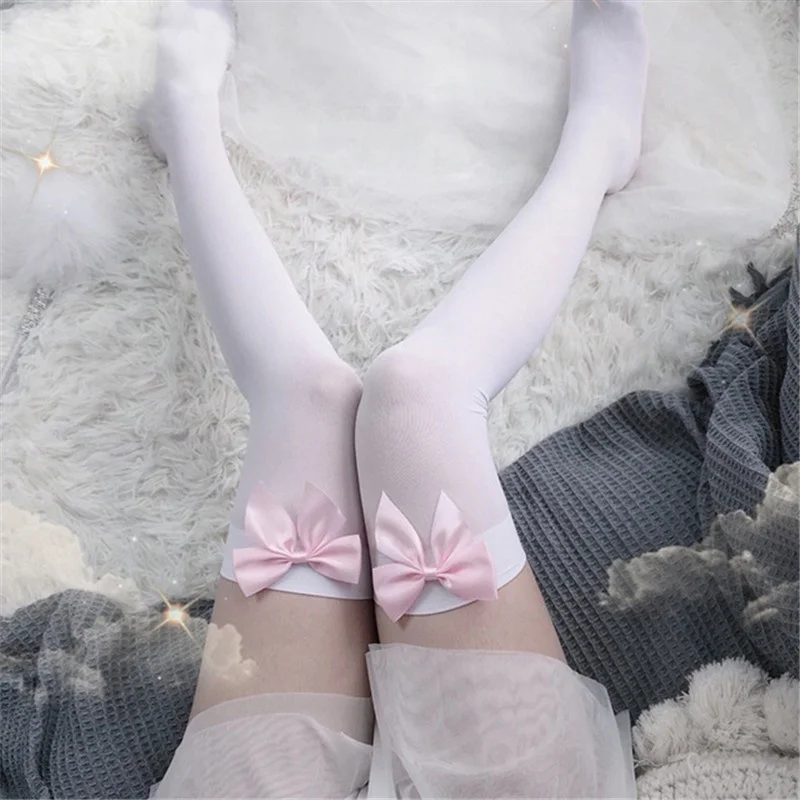 セクシーな女性の靴下ピンクの弓滞在腿の高シルクストッキングレ - Thigh High Sock Stay Up のレビューと価格